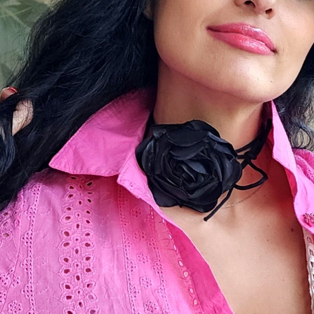 Flower Choker Black Rose Bowtie Brooch Clip Necklace Upcycled Silk Black Rose